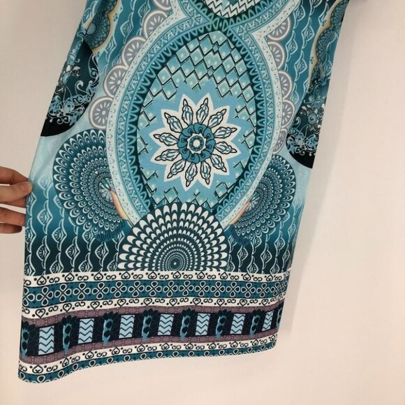 NWT teal blue cold  shoulder peacock print dress small - Picture 3 of 16